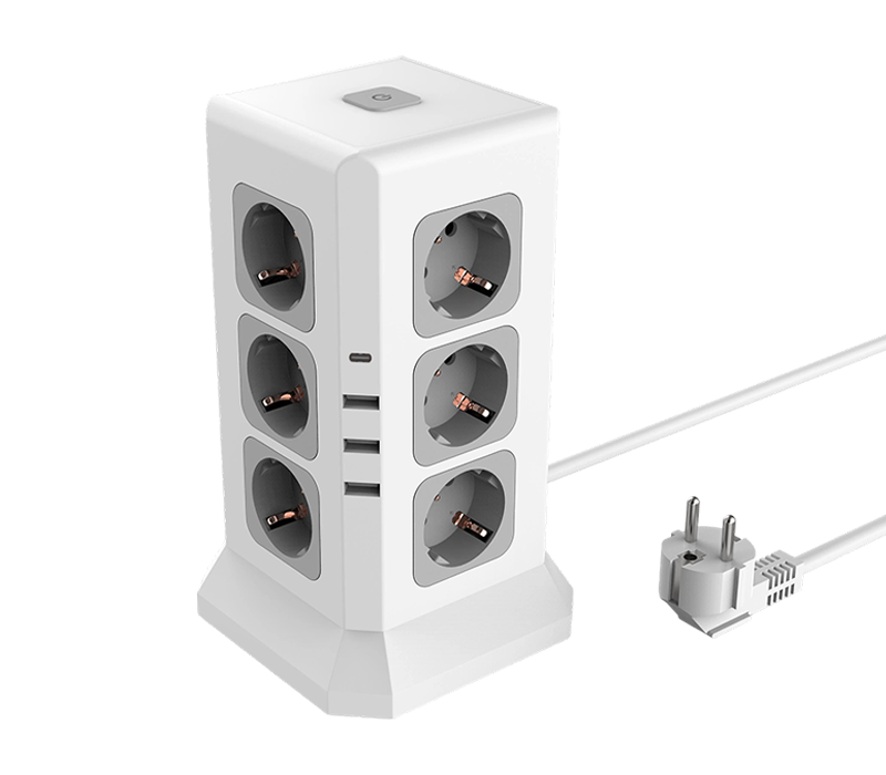Faixa de energia multifuncional com fio E11 com 12 tomadas de estilo europeu, 3 portas USB-A e 1 porta USB-C, com interruptor