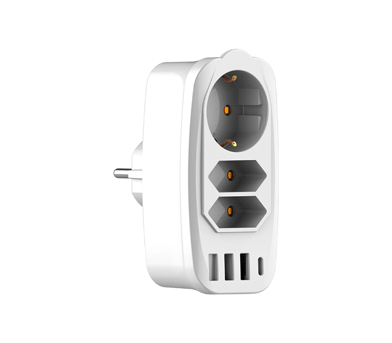 E06 Filtro de energia multifuncional plug-in com 2 soquetes europeus tipo C, 1 soquete europeu tipo F, 3 portas USB-A e 1 porta USB-C