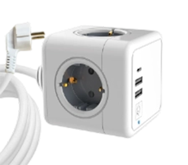 Faixa de alimentação Cube com fio E04C com 4 tomadas de estilo europeu, 2 portas USB-A e 1 porta USB-C