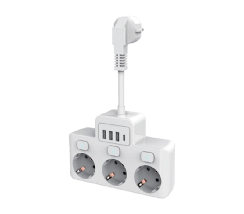 Filtro de energia com fio E14 com 3 tomadas de estilo europeu, 3 portas USB-A e 1 porta USB-C, com interruptor independente