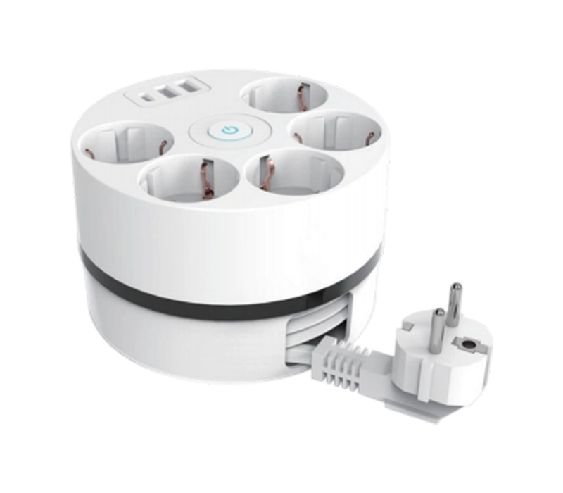 Faixa de alimentação do carretel de cabo E18 com cabo retrátil, 5 tomadas de estilo europeu, 2 portas USB-A e 1 porta USB-C, interruptor incluído