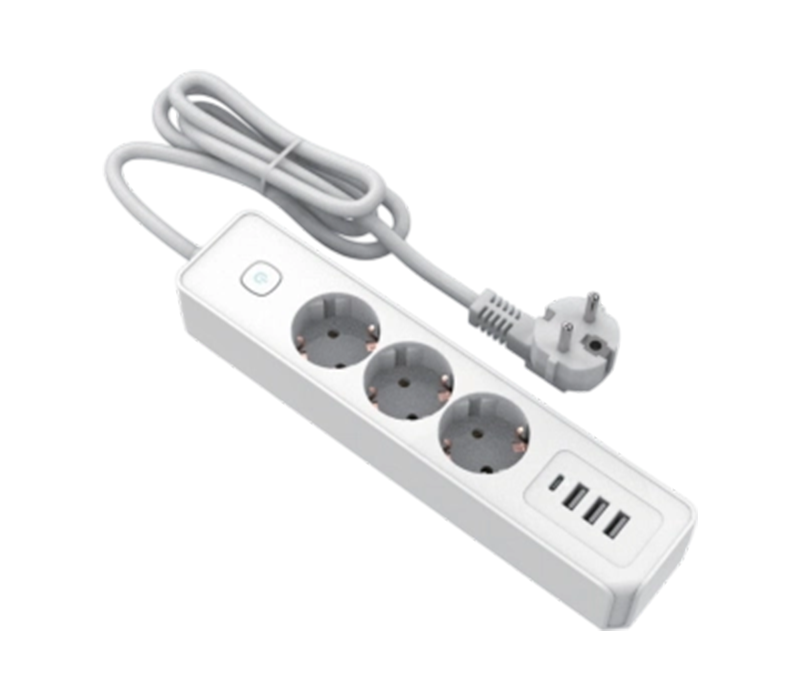 E21-3 Power Strip de estilo europeu com 3 tomadas, 3 portas USB-A e 1 porta USB-C, switch incluído