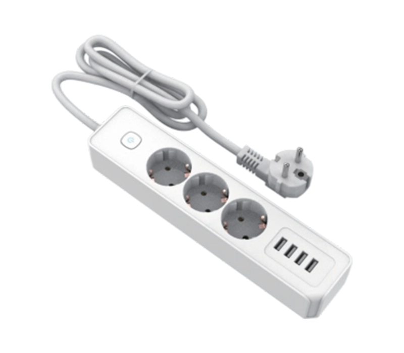E22-3 Power Strip de estilo europeu com 3 tomadas e 4 portas USB-A, switch incluído