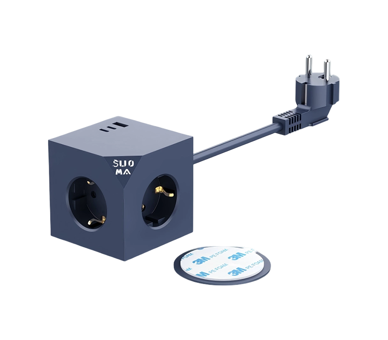 Faixa de alimentação de cubo com fio E25 com 3 tomadas de estilo europeu, 1 porta USB-A e 2 portas USB-C, com adesivos adesivos de 3 m