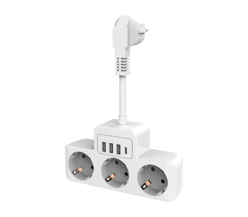 Filtro de energia com fio E13 com 3 tomadas de estilo europeu, 3 portas USB-A e 1 porta USB-C