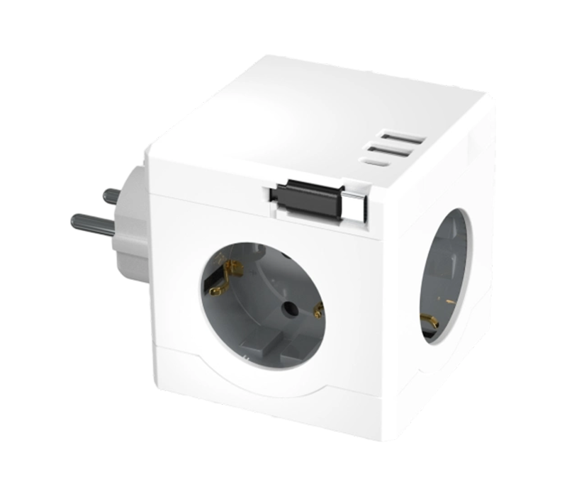 Plug-in Cube Power Strip E15-D com 3 tomadas de estilo europeu, 2 portas USB-A e 1 porta USB-C, com cabo de carregamento retrátil