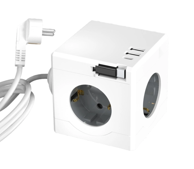 Extensão de cubo com fio E16-D com 3 tomadas de estilo europeu, 2 portas USB-A e 1 porta USB-C, com cabo de carregamento retrátil