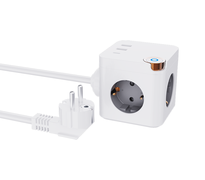 Faixa de alimentação de cubo com fio E20 com 3 tomadas de estilo europeu, 2 portas USB-A e 1 porta USB-C, com interruptor